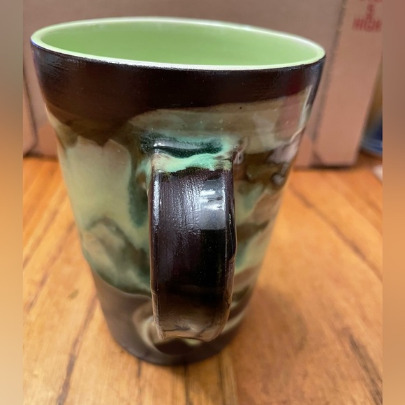 Handcrafted artisan pottery mug - brown and more lime green colors - holds @ 1.6 - Picture 9 of 9